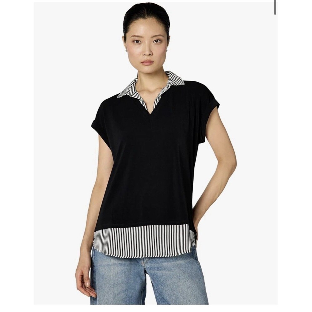Adrianna Papell Black Solid/Striped Collared‎ Top Women's Tunic Blouse Sz 2X